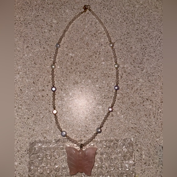 Price is FIRM Lee Sands Rose Quartz and pearl Butterfly Necklace - Picture 3 of 6